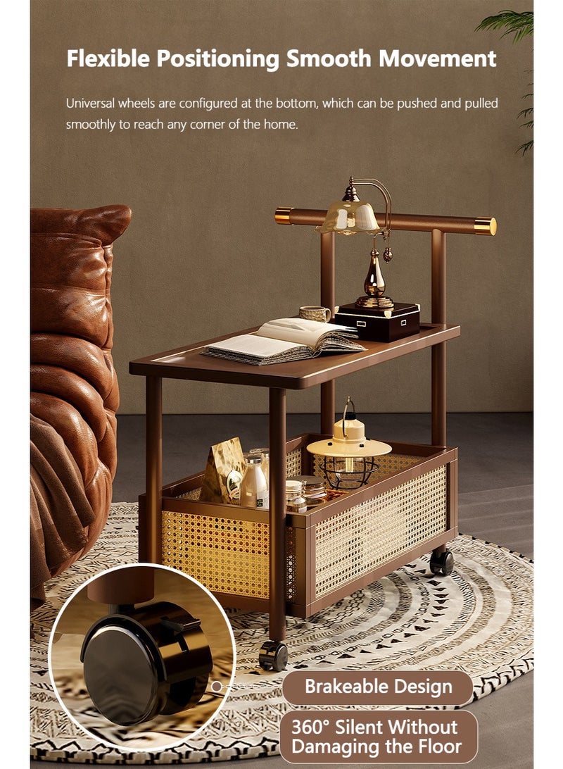 شو وو خزانة جانبية متحركة من الخشب الصلب بطابقين، عربة تخزين منزلية متدحرجة، طاولة جانبية عتيقة، طاولة جانبية للأريكة، طاولة قهوة، خزانة كتب، مكتب صينية أريكة بعجلات - Image 3