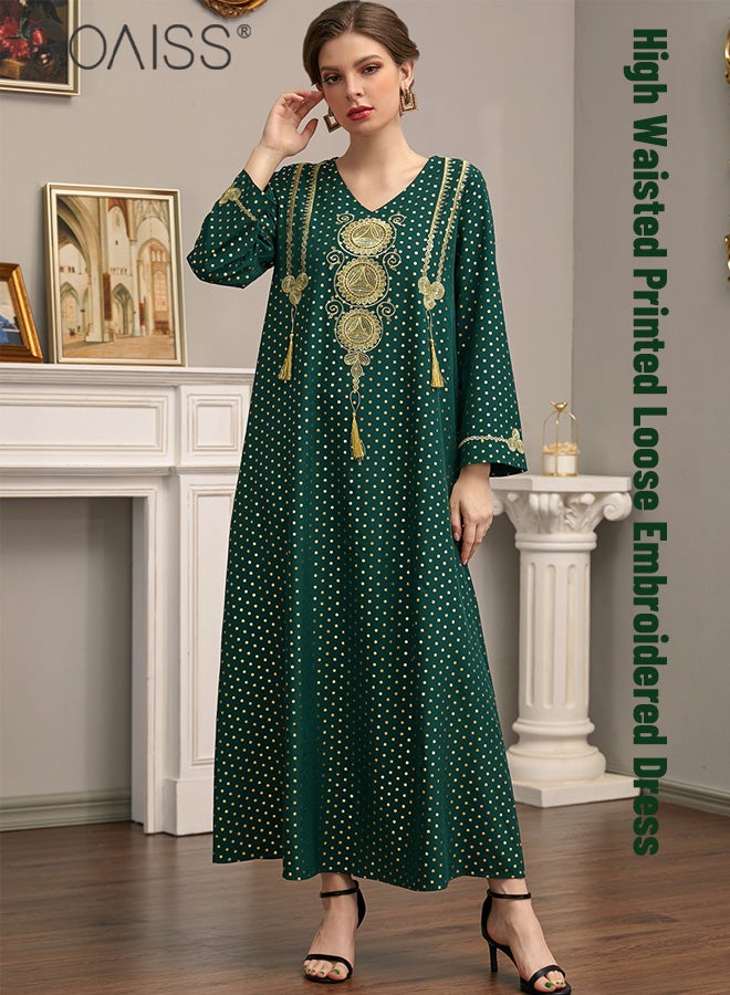 roaiss Women's Gorgeous Gilded Embroidered Dress Classic V-Neck Long Sleeved A-Line High-Rise Dress Round Polka Dot Decorated Gorgeous Banquet Dress for Ladies Ramadan Eid al-Adha  - Image 1