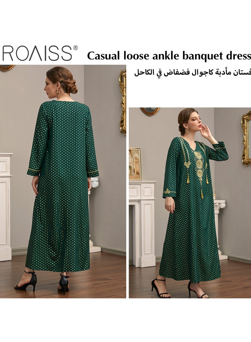 roaiss Women's Gorgeous Gilded Embroidered Dress Classic V-Neck Long Sleeved A-Line High-Rise Dress Round Polka Dot Decorated Gorgeous Banquet Dress for Ladies Ramadan Eid al-Adha  - Image 2