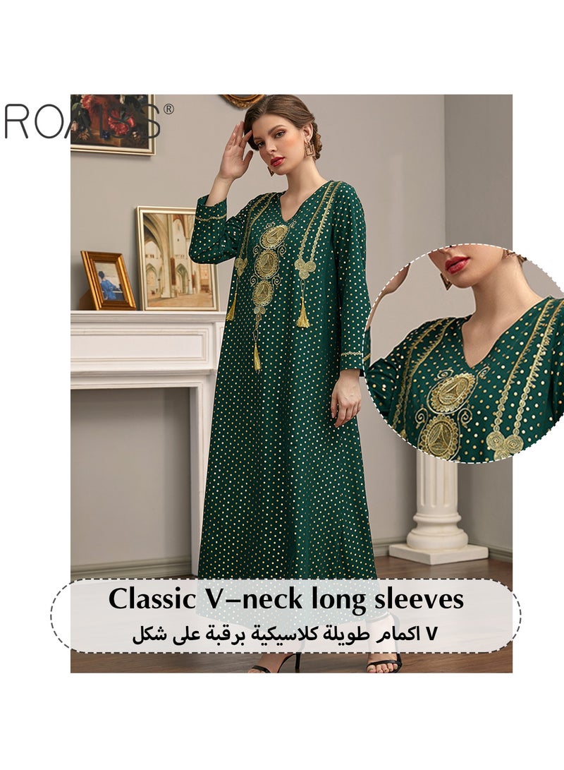 roaiss Women's Gorgeous Gilded Embroidered Dress Classic V-Neck Long Sleeved A-Line High-Rise Dress Round Polka Dot Decorated Gorgeous Banquet Dress for Ladies Ramadan Eid al-Adha  - Image 3
