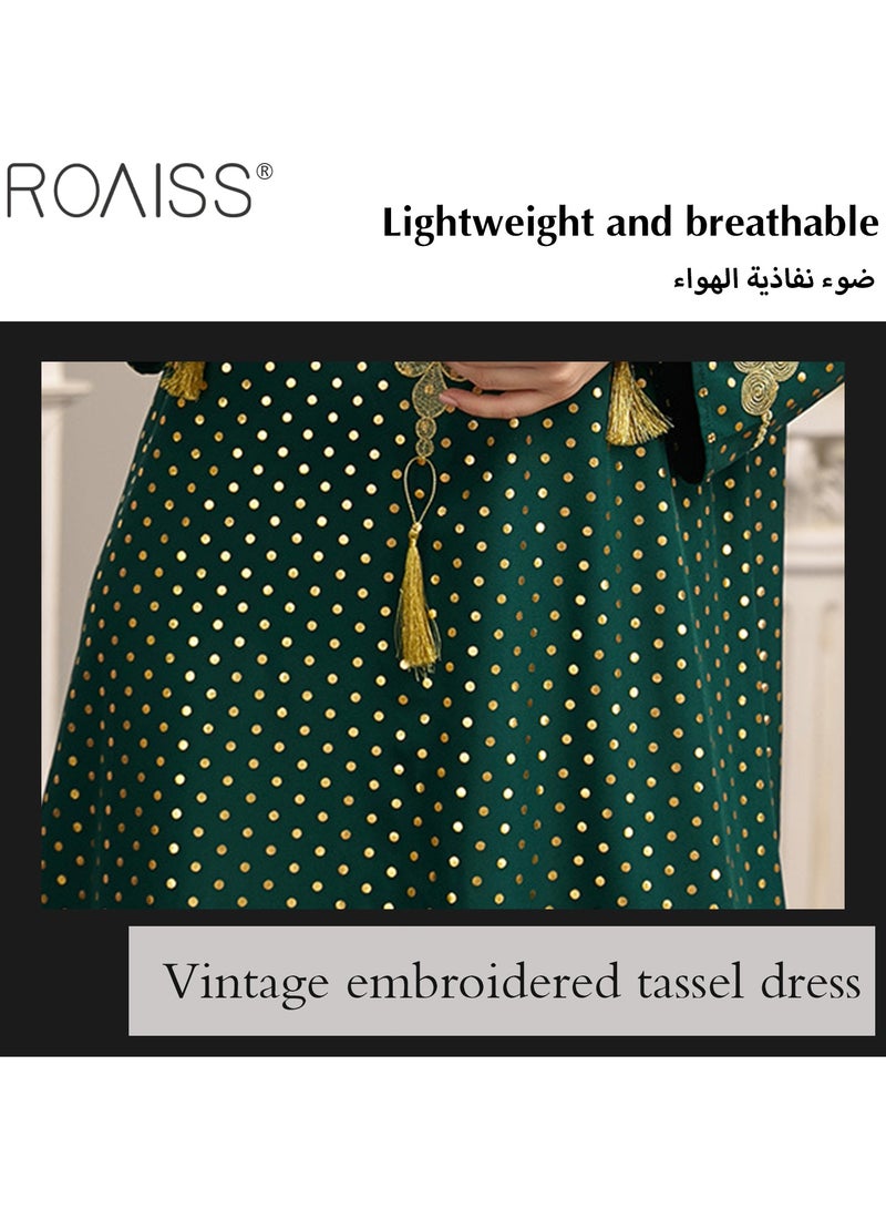 roaiss Women's Gorgeous Gilded Embroidered Dress Classic V-Neck Long Sleeved A-Line High-Rise Dress Round Polka Dot Decorated Gorgeous Banquet Dress for Ladies Ramadan Eid al-Adha  - Image 4
