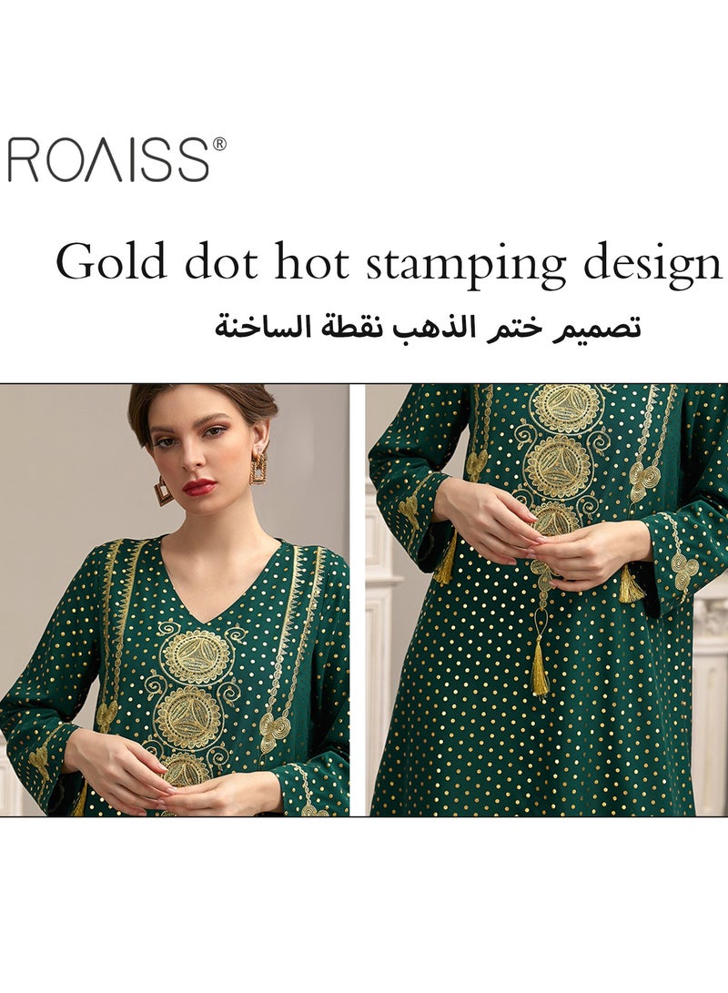 roaiss Women's Gorgeous Gilded Embroidered Dress Classic V-Neck Long Sleeved A-Line High-Rise Dress Round Polka Dot Decorated Gorgeous Banquet Dress for Ladies Ramadan Eid al-Adha  - Image 5