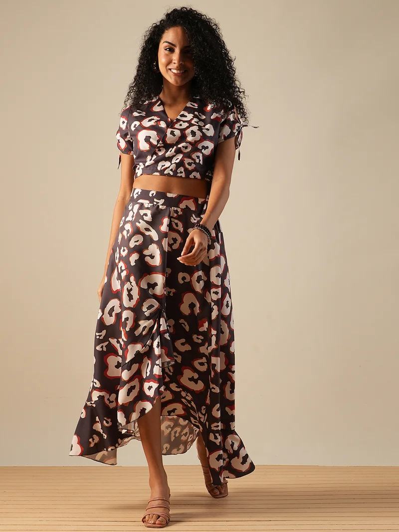 Globus Women Wrap Neck Animal Printed Crop Top & High-Rise Ruffled Maxi Skirt Fusion Co-Ord Set
