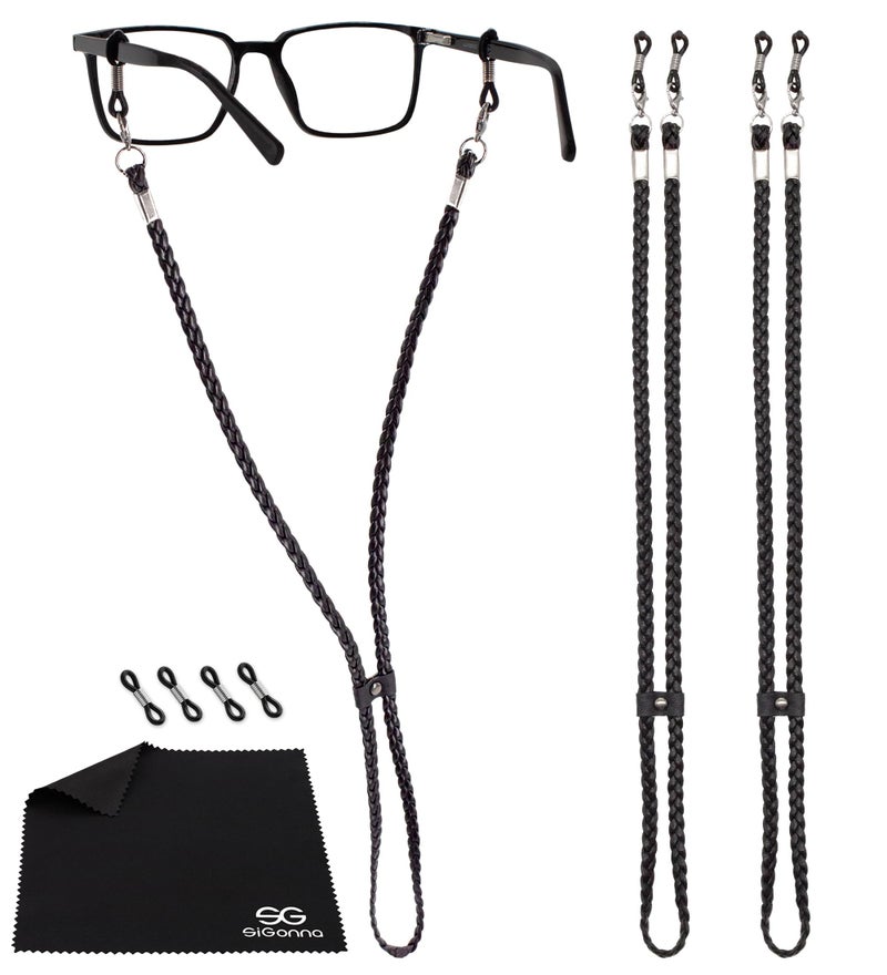 SIGONNA SIGONNA Eye Glass String Strap Holder - Premium ECO Leather Glass Strap - Eye Glass Chain Holder to Wear - Eyeglass Chain for Man Women - Eyeglass Strap Lanyard - 2 Cords (Black)  - Image 1