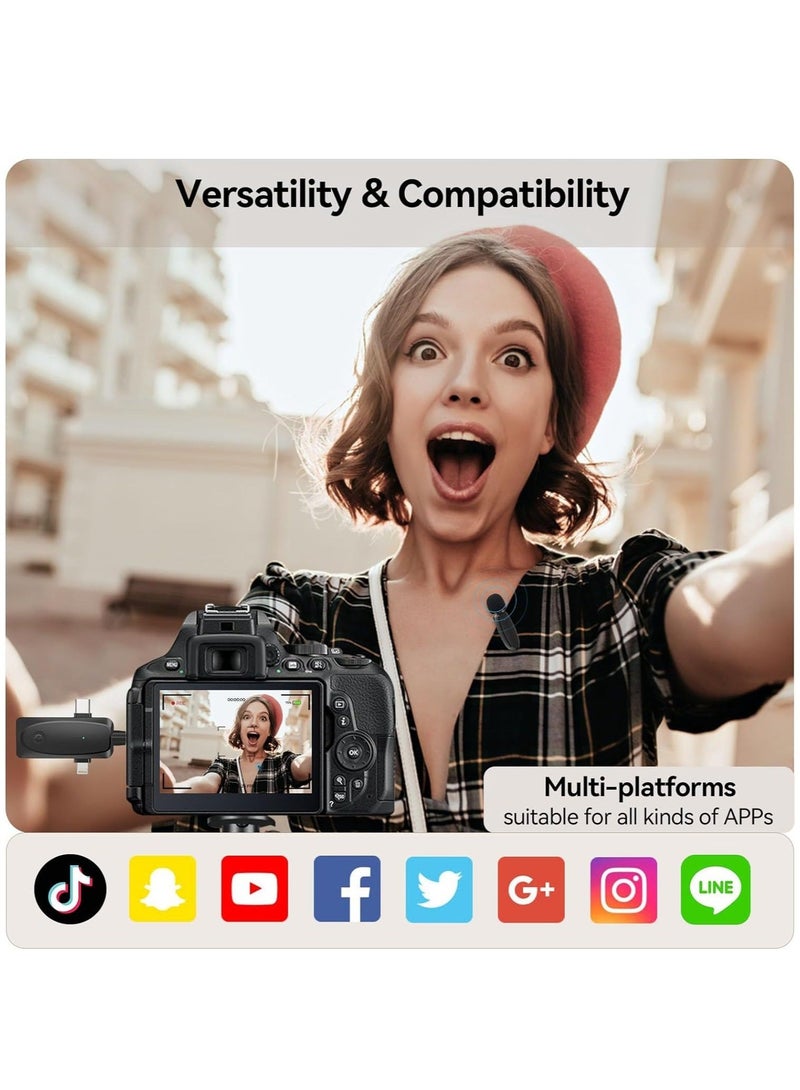 3-in-1 Wireless Lavalier Microphone for iPhone, Android, Camera and Laptop, 2.4G Ultra-Low Delay Double Mini Microphone Lapel Mic with Noise Reduction for Video Recording, Vlog, YouTube, TikTok