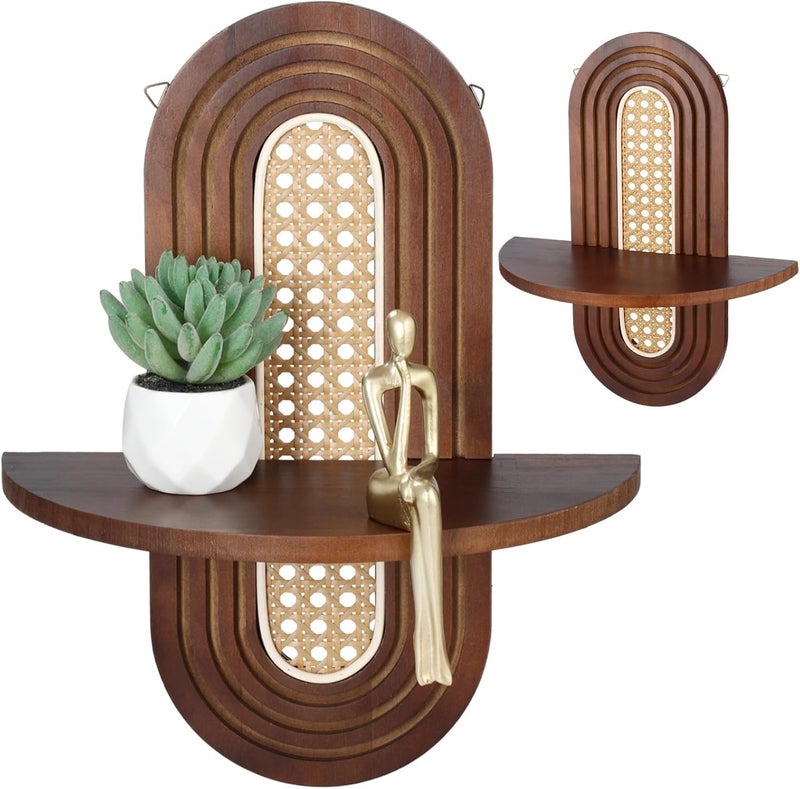 Bohemian Rattan Floating Shelves, 2 Pcs, Wood Shelf, 20 Lbs Capacity, for Bedroom Living Room, Laundry, Mid Century - Image 3