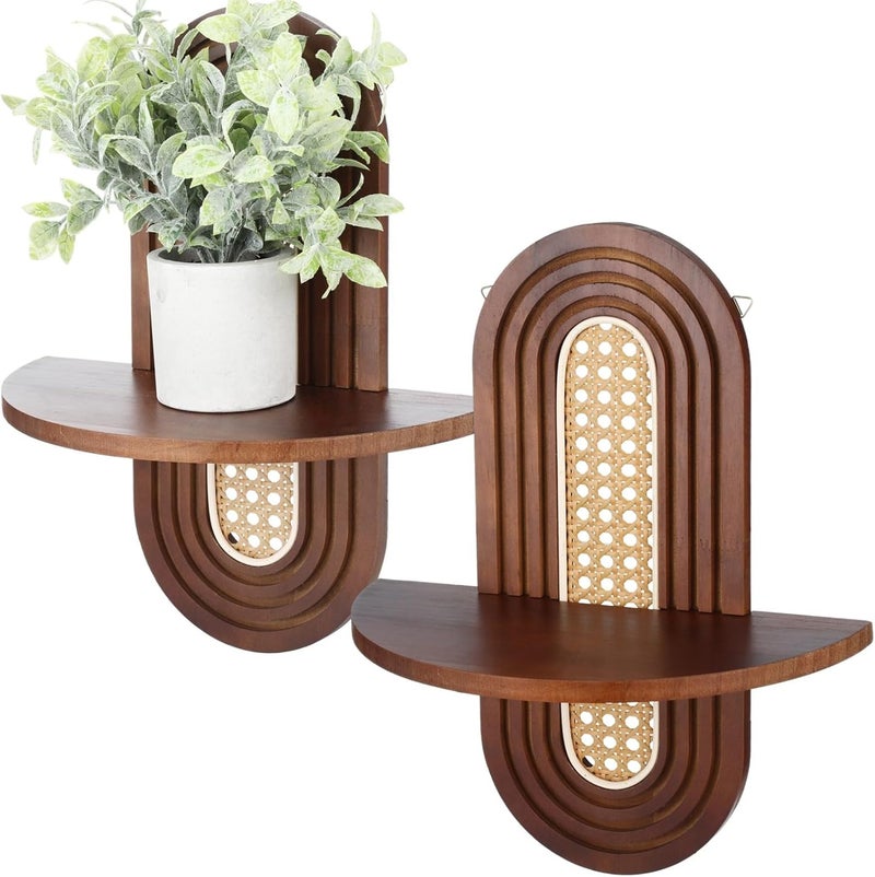 Bohemian Rattan Floating Shelves, 2 Pcs, Wood Shelf, 20 Lbs Capacity, for Bedroom Living Room, Laundry, Mid Century - Image 1