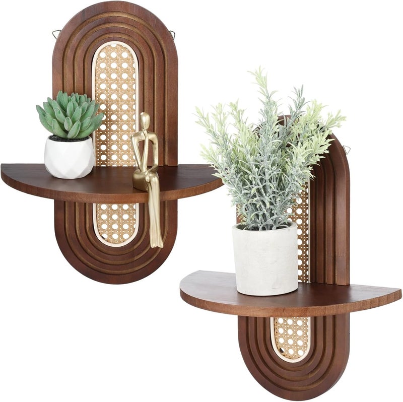 Bohemian Rattan Floating Shelves, 2 Pcs, Wood Shelf, 20 Lbs Capacity, for Bedroom Living Room, Laundry, Mid Century - Image 5