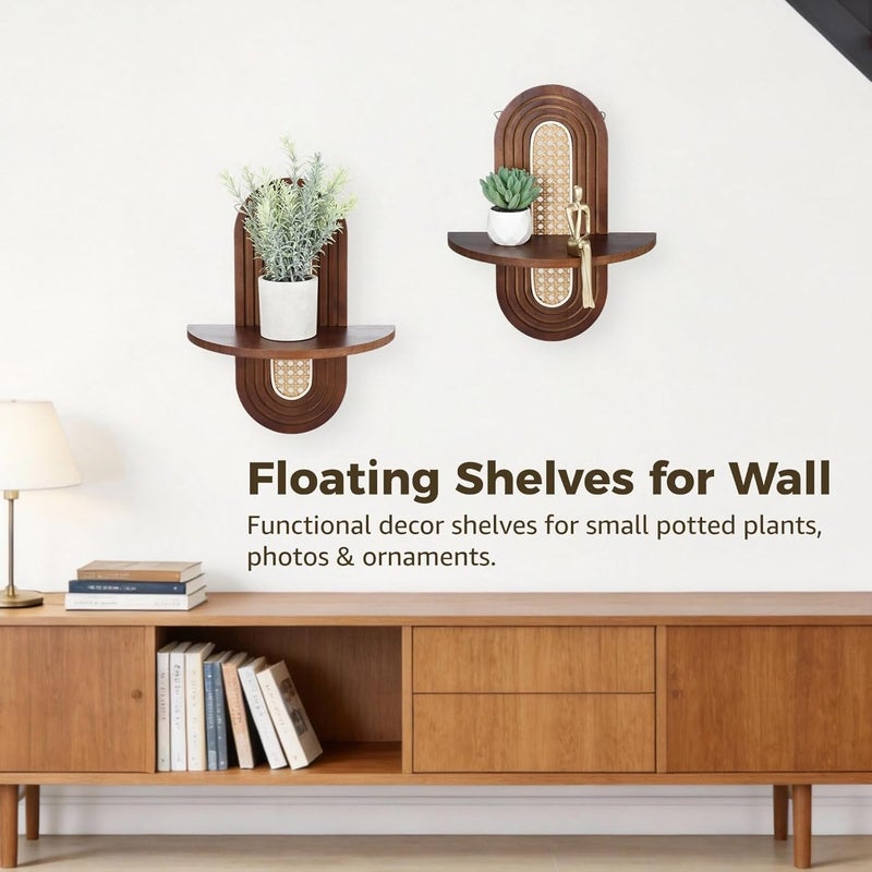 Bohemian Rattan Floating Shelves, 2 Pcs, Wood Shelf, 20 Lbs Capacity, for Bedroom Living Room, Laundry, Mid Century - Image 2