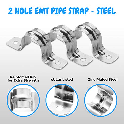 OHLECTRIC Heavy Duty Pipe Strap (50 Pack - ¾ Inch) Zinc Plated Steel Conduit Clamps, 2 Hole Steel EMT Pipe Strap U Bracket, Zinc Coated Tension Tube Clip, Metal Pipe Clamp for EMT Conduits - Image 3