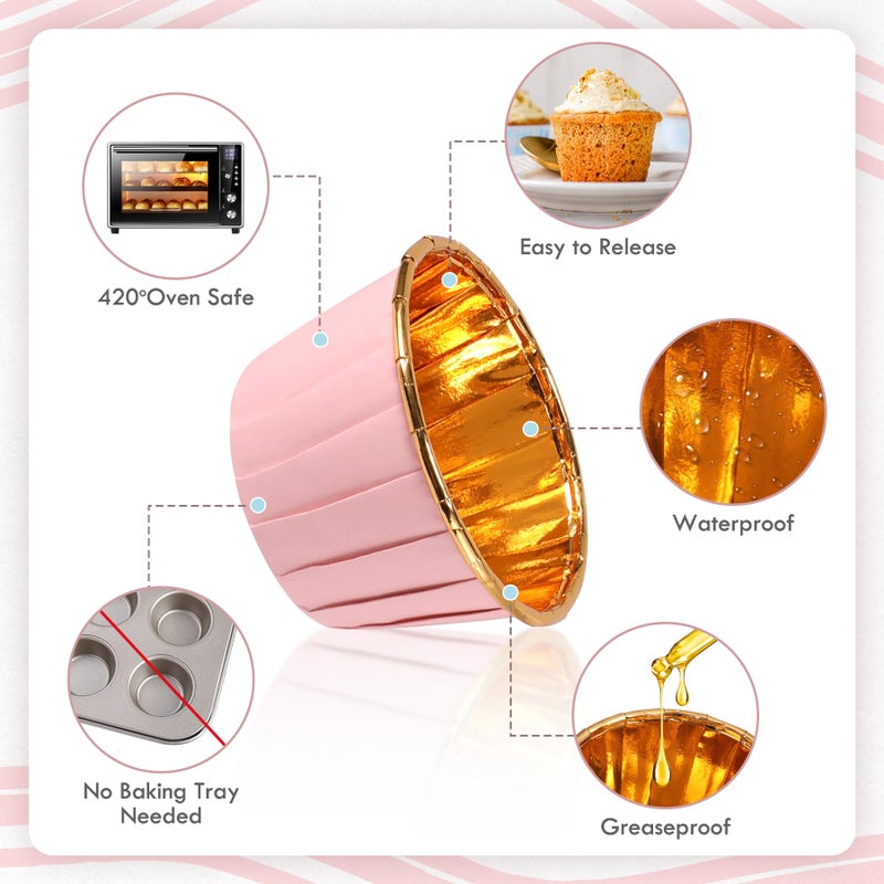 TRUSBER Pink and Gold Foil Cupcake Liners,100 pcs Disposable Muffin Liners 3.5 Oz Wrappers for Baking, Metallic Muffin Paper Cases Baking Cups Valentines Day Cupcake Liners - Image 3