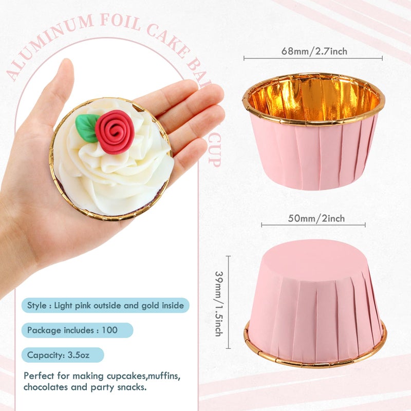 TRUSBER Pink and Gold Foil Cupcake Liners,100 pcs Disposable Muffin Liners 3.5 Oz Wrappers for Baking, Metallic Muffin Paper Cases Baking Cups Valentines Day Cupcake Liners - Image 2