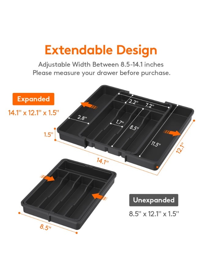 Silverware Drawer Organizer, Expandable Utensil Tray for Kitchen, BPA Free Flatware and Cutlery Holder, Adjustable Plastic Storage for Spoons, Forks, Knives, 8.5"-14.1" x 12.1", Black - Image 2