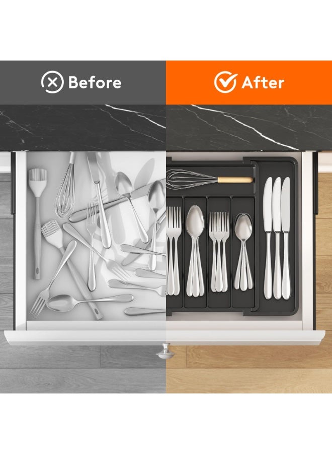 Silverware Drawer Organizer, Expandable Utensil Tray for Kitchen, BPA Free Flatware and Cutlery Holder, Adjustable Plastic Storage for Spoons, Forks, Knives, 8.5"-14.1" x 12.1", Black - Image 5