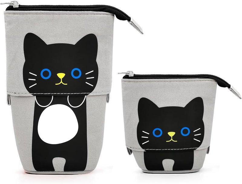 Cat Cute Standing Pencil Case for Kids, Pop Up Pencil Box Makeup Pouch, Stand UP Cartoon Christmas Gift Kids Pen Holder Organizer Cosmetics Bag, Kawaii Stationary (Black Cat)