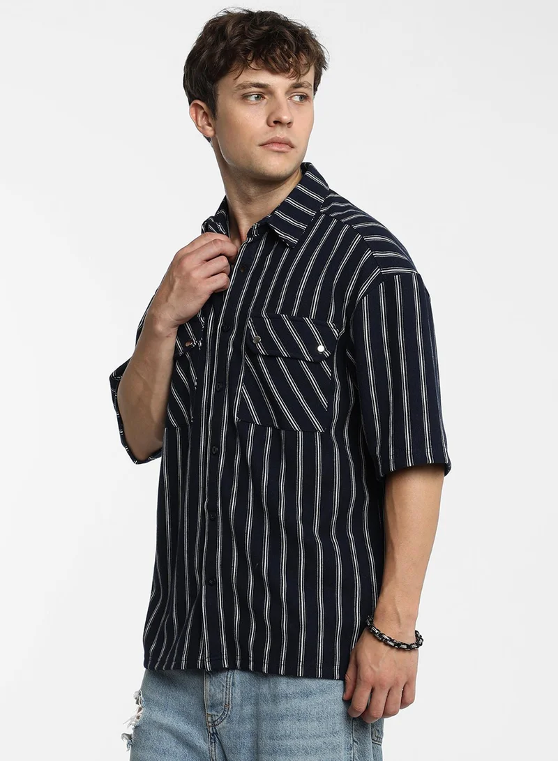 كامبوس سوترا Men's Navy Blue Utility Halo-Stripe Oversized Shirt