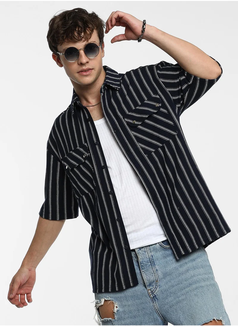 Campus Sutra Men's Navy Blue Utility Halo-Stripe Oversized Shirt