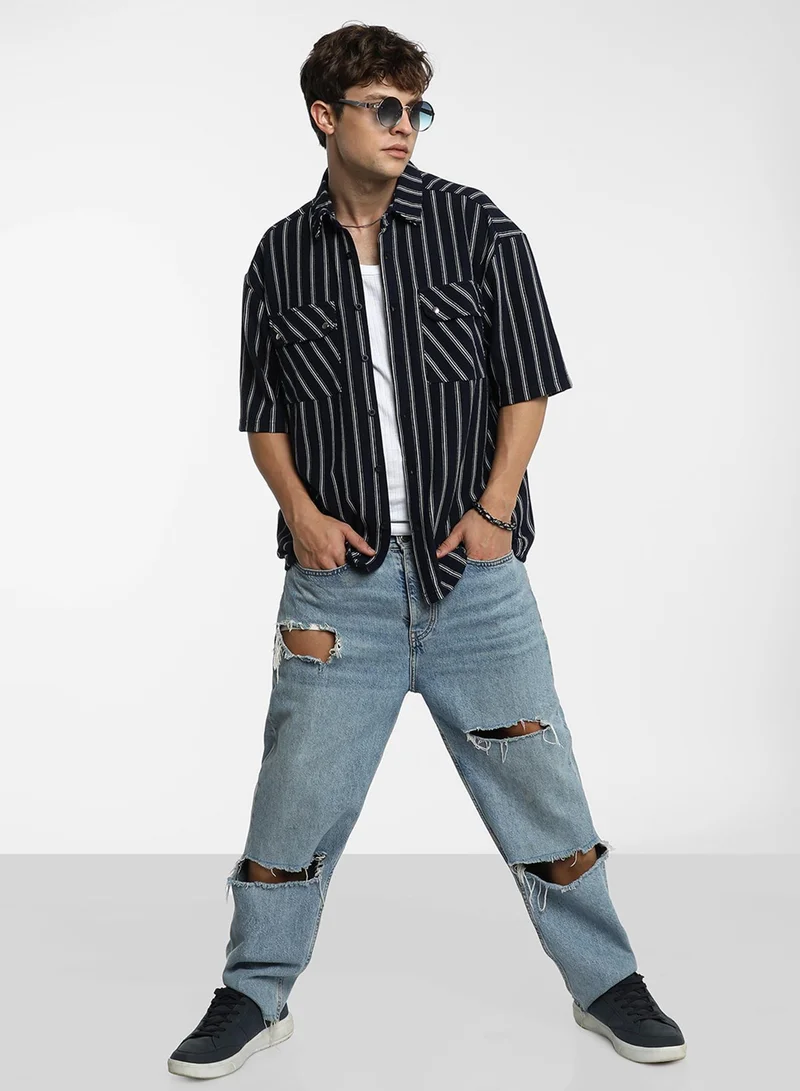 كامبوس سوترا Men's Navy Blue Utility Halo-Stripe Oversized Shirt