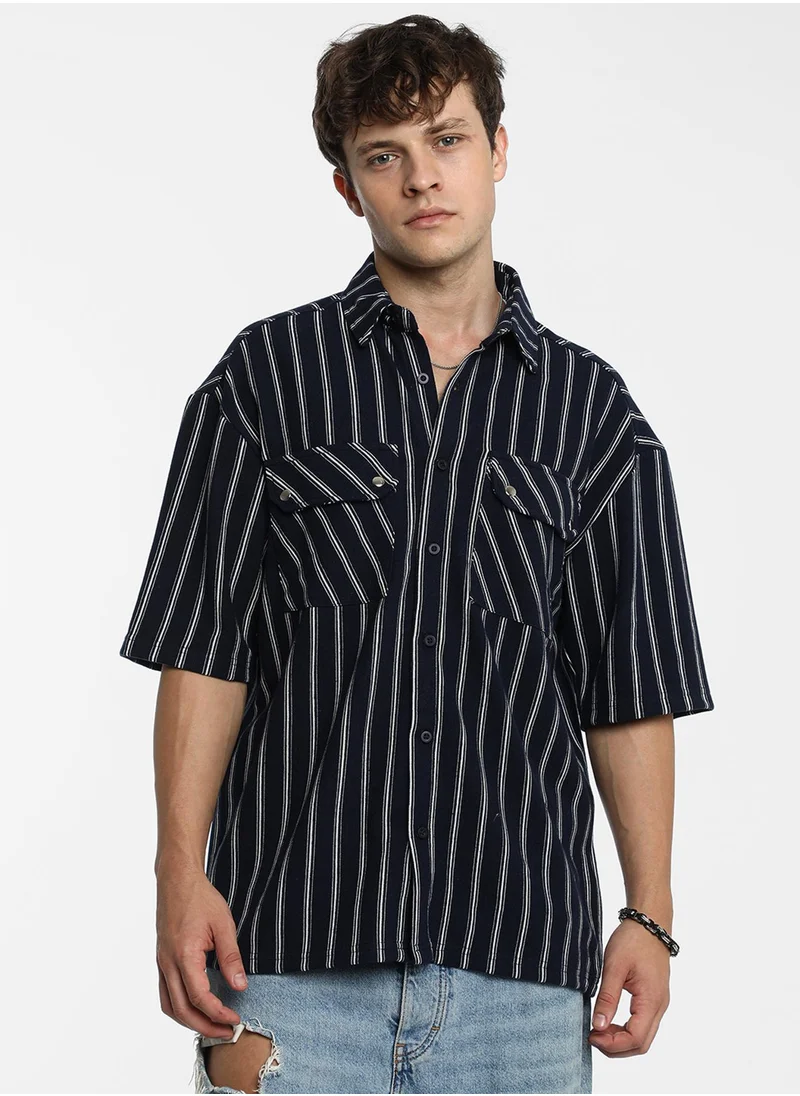 Campus Sutra Men's Navy Blue Utility Halo-Stripe Oversized Shirt