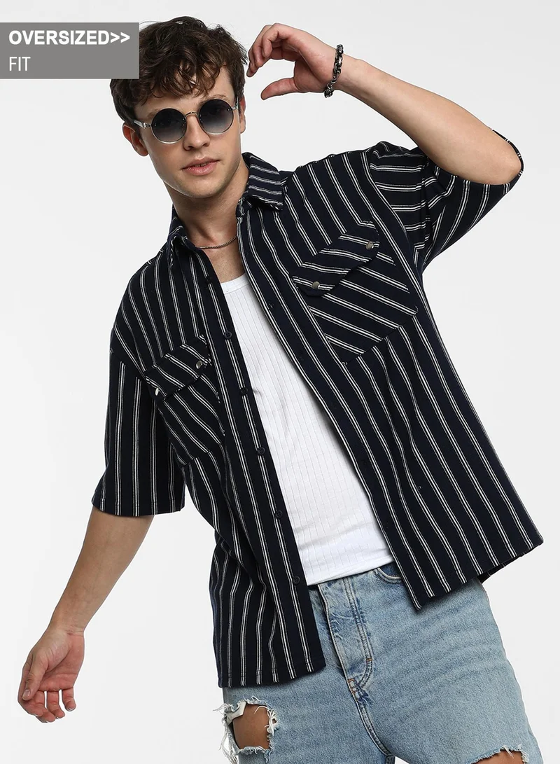 Campus Sutra Men's Navy Blue Utility Halo-Stripe Oversized Shirt