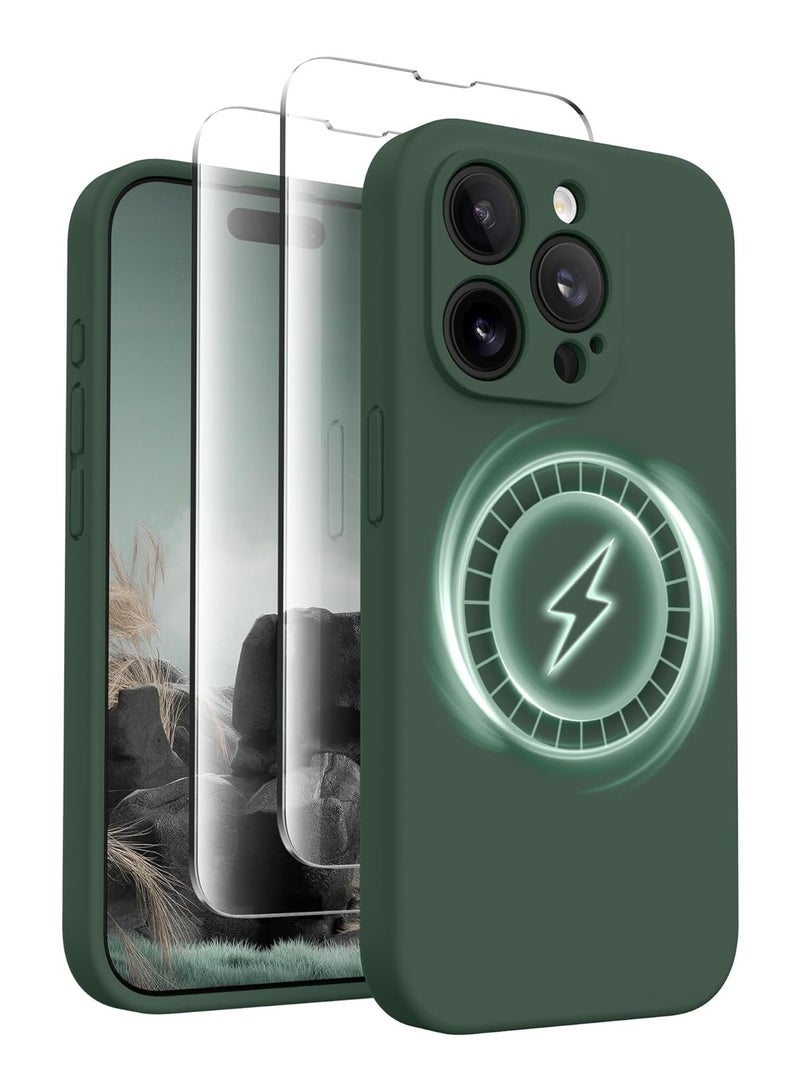 ELTRAZONE iPhone 15 Pro Max Case Silicone, Compatible with MagSafe, [Camera Protection][2X Screen Protectors] Slim Shockproof Protective Case, Soft Anti-Scratch Microfiber Lining, Alpine Green - Image 1