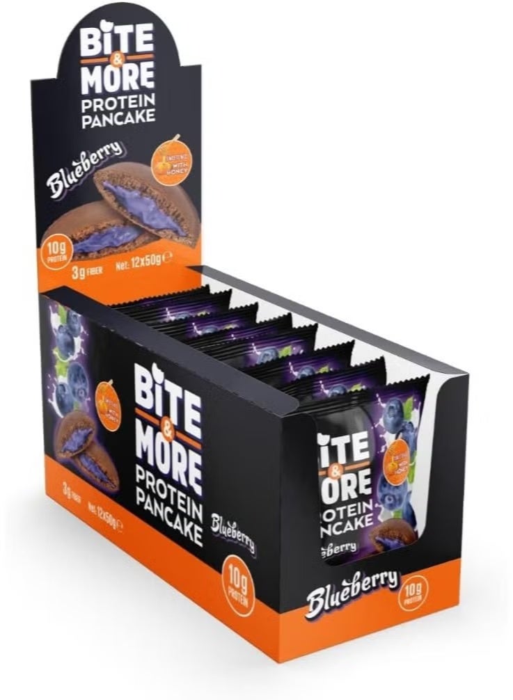 Bite & More Protein Pancake Blueberry Flavour – 10g Protein, 3.5g Fiber – Honey Sweetened – Healthy Snack, Pack of 12 - Image 1