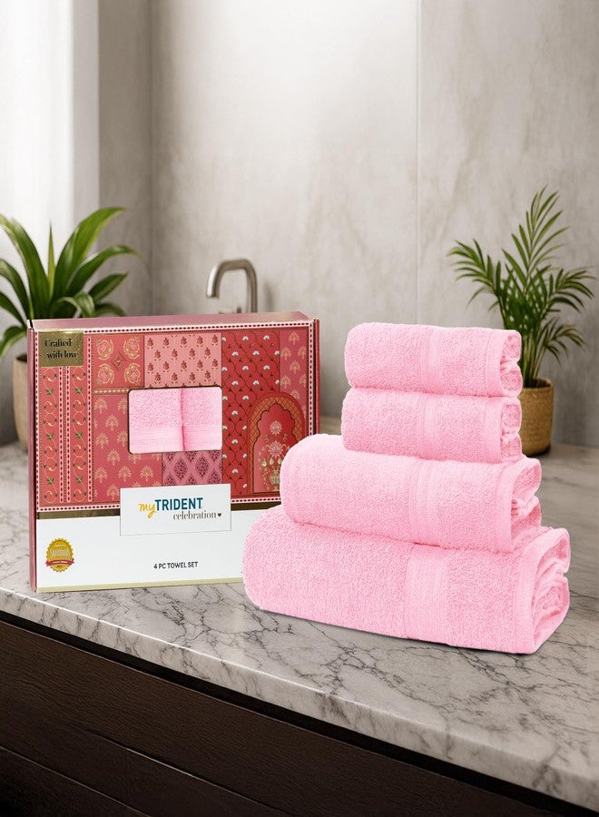 MYTRIDENT Celebration Towels for Bath Large Size, 4 PC Towel Set, 1 Bath, 1 Small Bath, 2 Hand, Powder Pink - Image 1