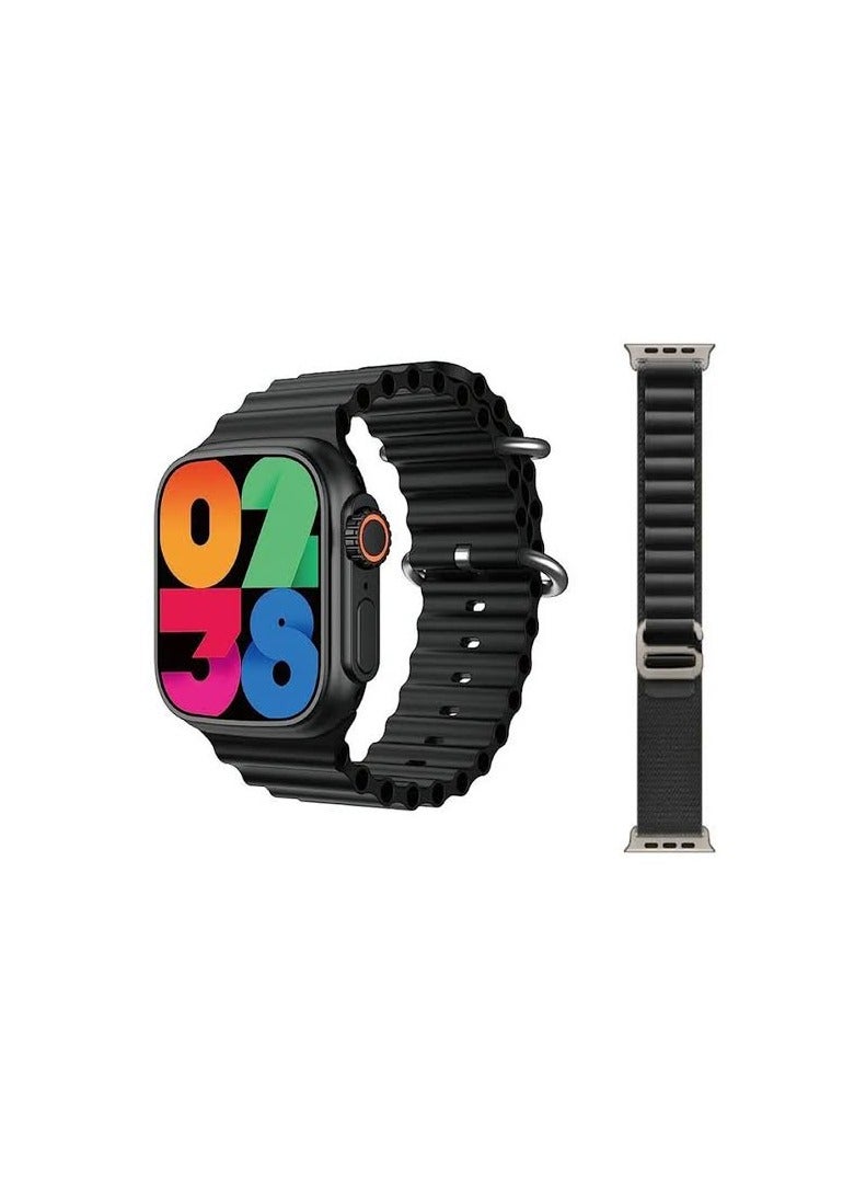 W&O X9ultra watch  Compatible with Android and iOS devices, allowing seamless integration with most smartphones. Additional features: Supports wireless charging, NFC, GPS, app notifications, making calls, music control, and IP68 water resistance. Black color - Image 1