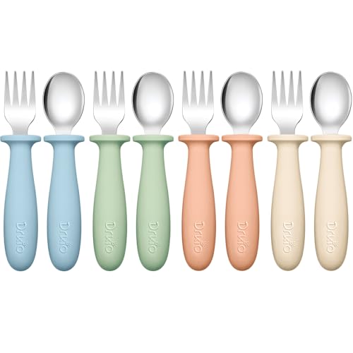 DRKIO 8 Pieces Toddler Utensils Set - Kids Silverware Set with Silicone Handle Children Safe 18/8 Stainless Steel Forks and Spoons Anti-Choke Design Food Grade Dishwasher Safe - Image 1