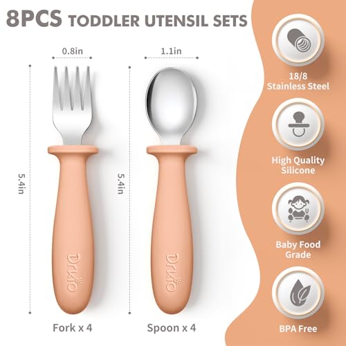 DRKIO 8 Pieces Toddler Utensils Set - Kids Silverware Set with Silicone Handle Children Safe 18/8 Stainless Steel Forks and Spoons Anti-Choke Design Food Grade Dishwasher Safe - Image 2