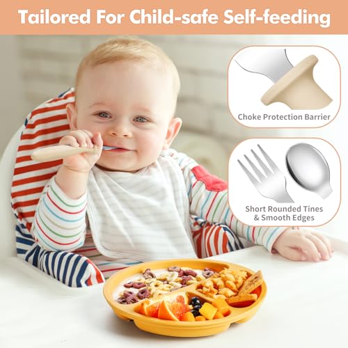 DRKIO 8 Pieces Toddler Utensils Set - Kids Silverware Set with Silicone Handle Children Safe 18/8 Stainless Steel Forks and Spoons Anti-Choke Design Food Grade Dishwasher Safe - Image 3