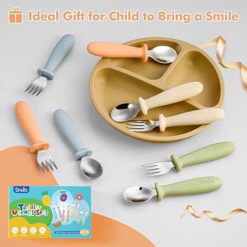 DRKIO 8 Pieces Toddler Utensils Set - Kids Silverware Set with Silicone Handle Children Safe 18/8 Stainless Steel Forks and Spoons Anti-Choke Design Food Grade Dishwasher Safe - Image 5