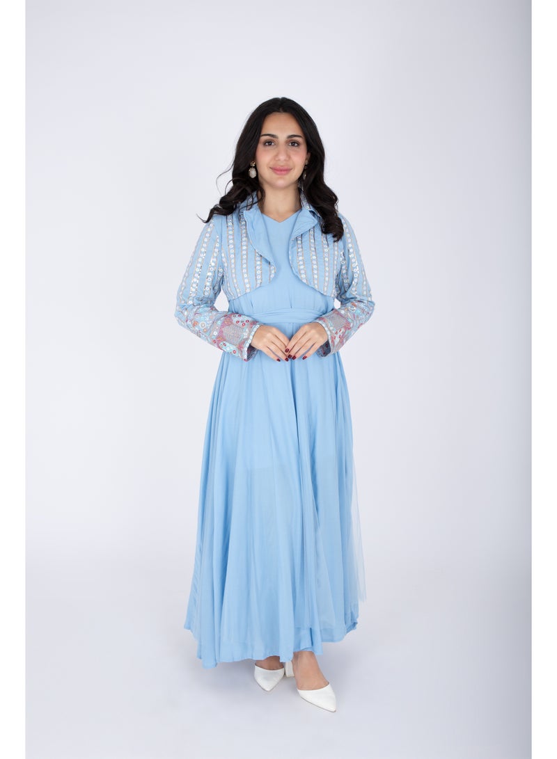 IKKXA 2 Piece Modern Patterned Embroidery Dress IK6020 Blue - Image 1