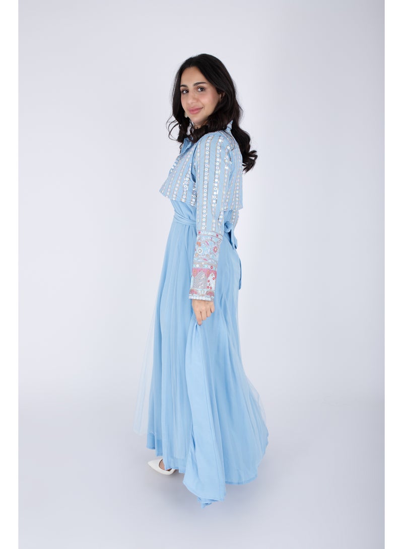 IKKXA 2 Piece Modern Patterned Embroidery Dress IK6020 Blue - Image 3