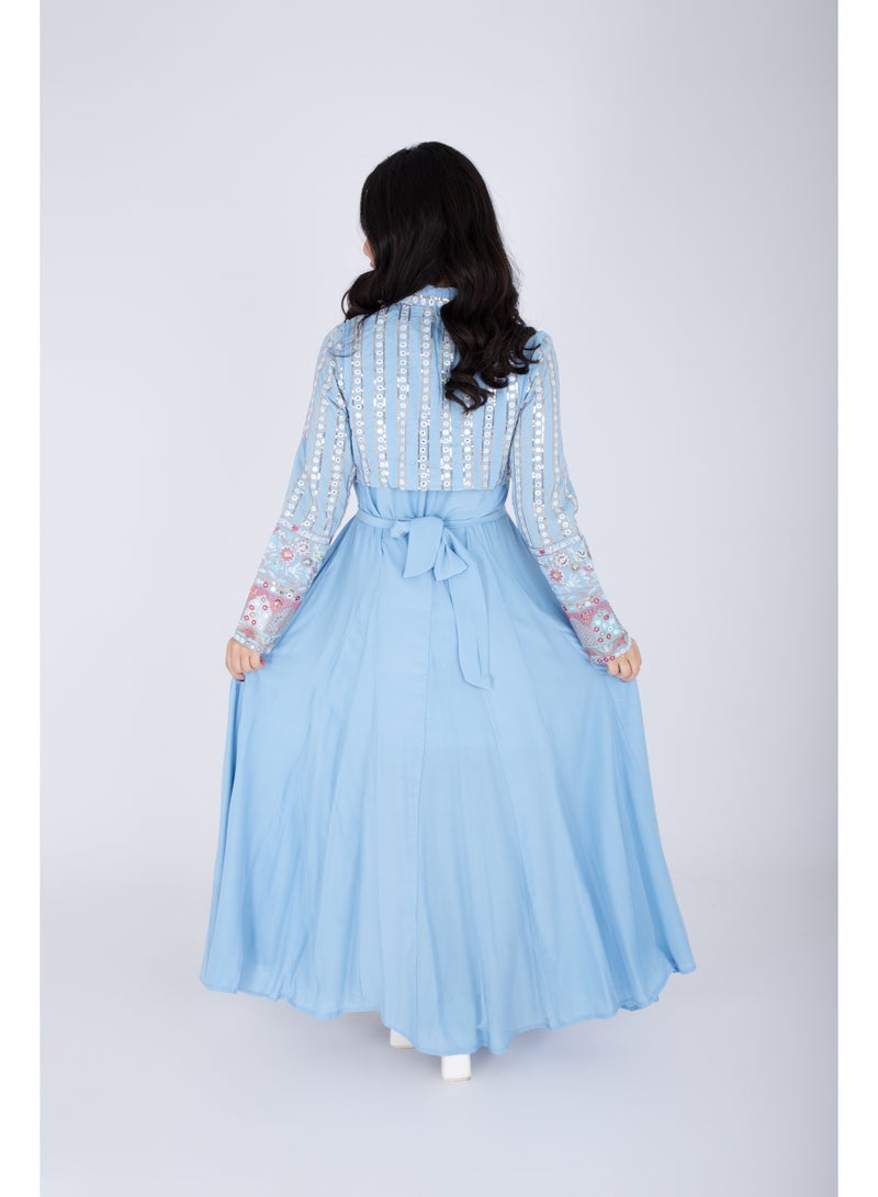 IKKXA 2 Piece Modern Patterned Embroidery Dress IK6020 Blue - Image 4