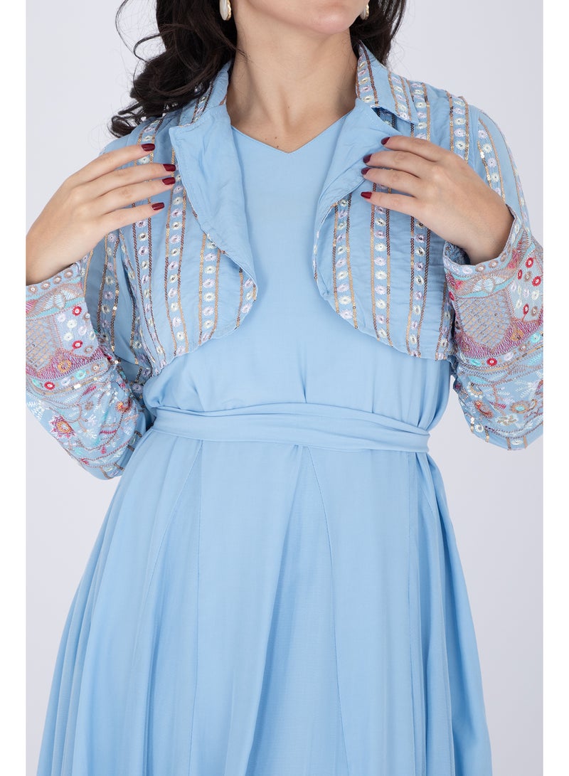 IKKXA 2 Piece Modern Patterned Embroidery Dress IK6020 Blue - Image 2