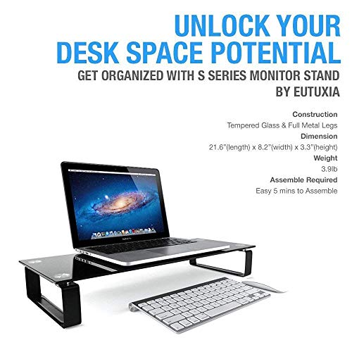 Eutuxia TypeS Black Tempered Glass Monitor Stand TV Laptop Computer AllInOne Desktop Printer Riser 2175 x 825 x 325 Inches - Image 3