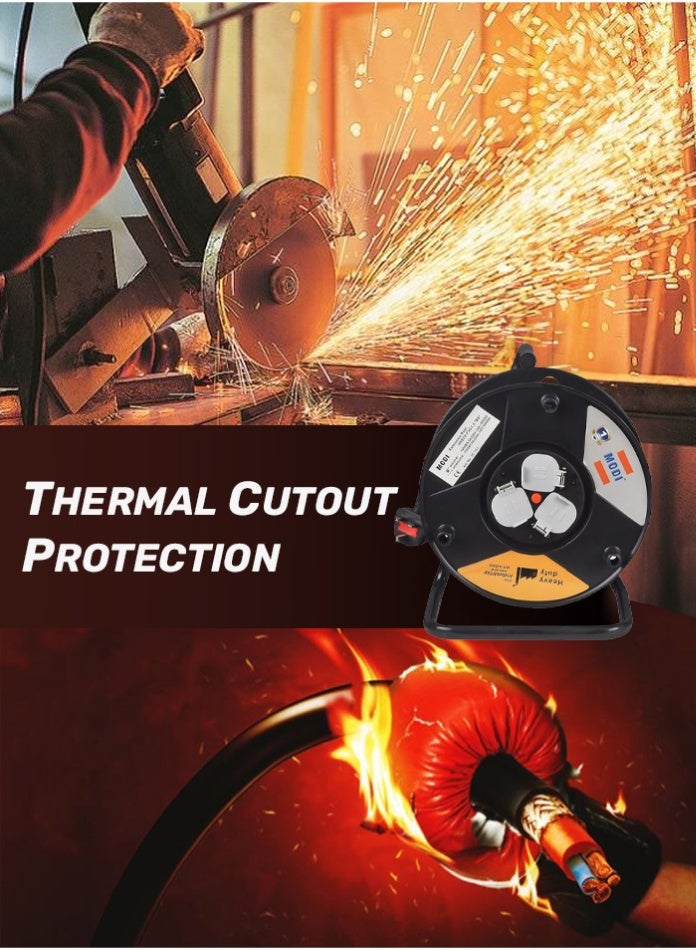 MODI Heavy Duty 25m Cable Reel with 3 Sockets | 3x1.5mm² Extension Wire | Thermal Cutout, Short Circuit & Overheat Protection | High Voltage Power Extension for Home & Industrial Use - Image 2