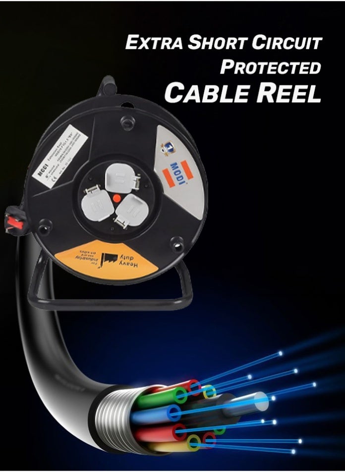 MODI Heavy Duty 25m Cable Reel with 3 Sockets | 3x1.5mm² Extension Wire | Thermal Cutout, Short Circuit & Overheat Protection | High Voltage Power Extension for Home & Industrial Use - Image 5
