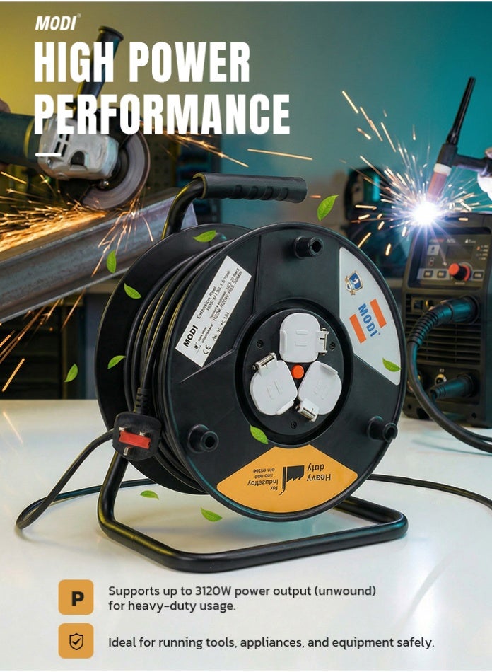 MODI Heavy Duty Cable Reel, 25M 3 x 1.5mm² Extension Reel with 3 x 13A Universal Sockets, Safety Shutters, Thermal Cut-Off, Master Switch, Winding Handle, Carry Handle, Stable Stand and UK Plug - Image 1