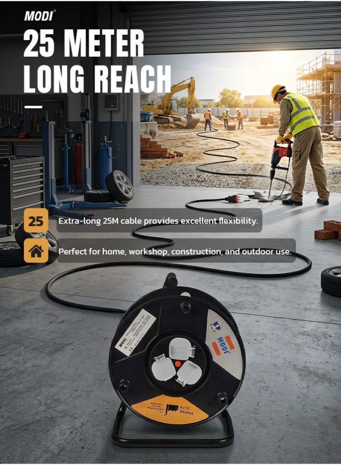 MODI Heavy Duty Cable Reel, 25M 3 x 1.5mm² Extension Reel with 3 x 13A Universal Sockets, Safety Shutters, Thermal Cut-Off, Master Switch, Winding Handle, Carry Handle, Stable Stand and UK Plug - Image 3
