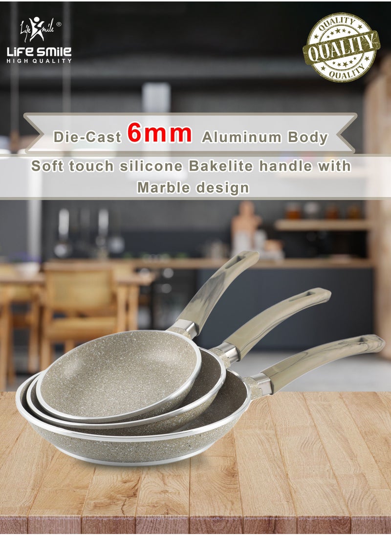 Life Smile - 20 CM, 24 CM, 28 CM Essential Frypan set Strong Aluminum Body with Granite Coating and Heat Resistant Silicone Finish Handle Nonstick Fish Frying pan - Image 1