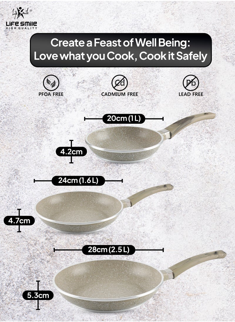 Life Smile - 20 CM, 24 CM, 28 CM Essential Frypan set Strong Aluminum Body with Granite Coating and Heat Resistant Silicone Finish Handle Nonstick Fish Frying pan - Image 1