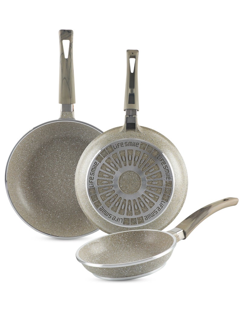 Life Smile - 20 CM, 24 CM, 28 CM Essential Frypan set Strong Aluminum Body with Granite Coating and Heat Resistant Silicone Finish Handle Nonstick Fish Frying pan - Image 1