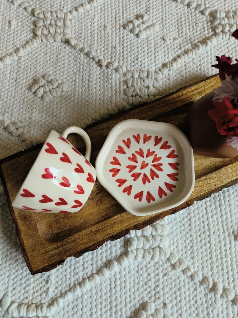Niyara Stoneware Handmade Premium Ceramic Tea Cups and Coffee Mugs Set of 2 (Heart Cup with Saucer) - Image 3