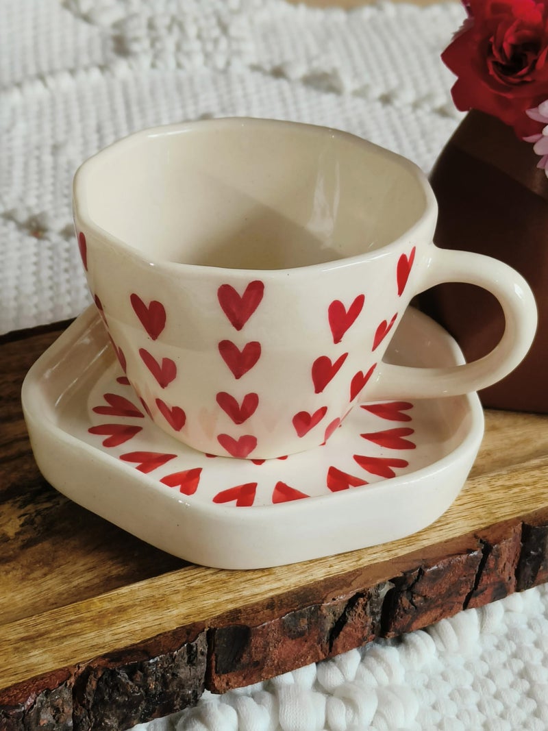 Niyara Stoneware Handmade Premium Ceramic Tea Cups and Coffee Mugs Set of 2 (Heart Cup with Saucer) - Image 1
