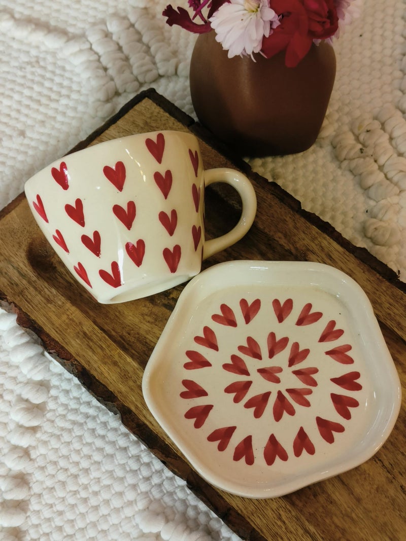 Niyara Stoneware Handmade Premium Ceramic Tea Cups and Coffee Mugs Set of 2 (Heart Cup with Saucer) - Image 4