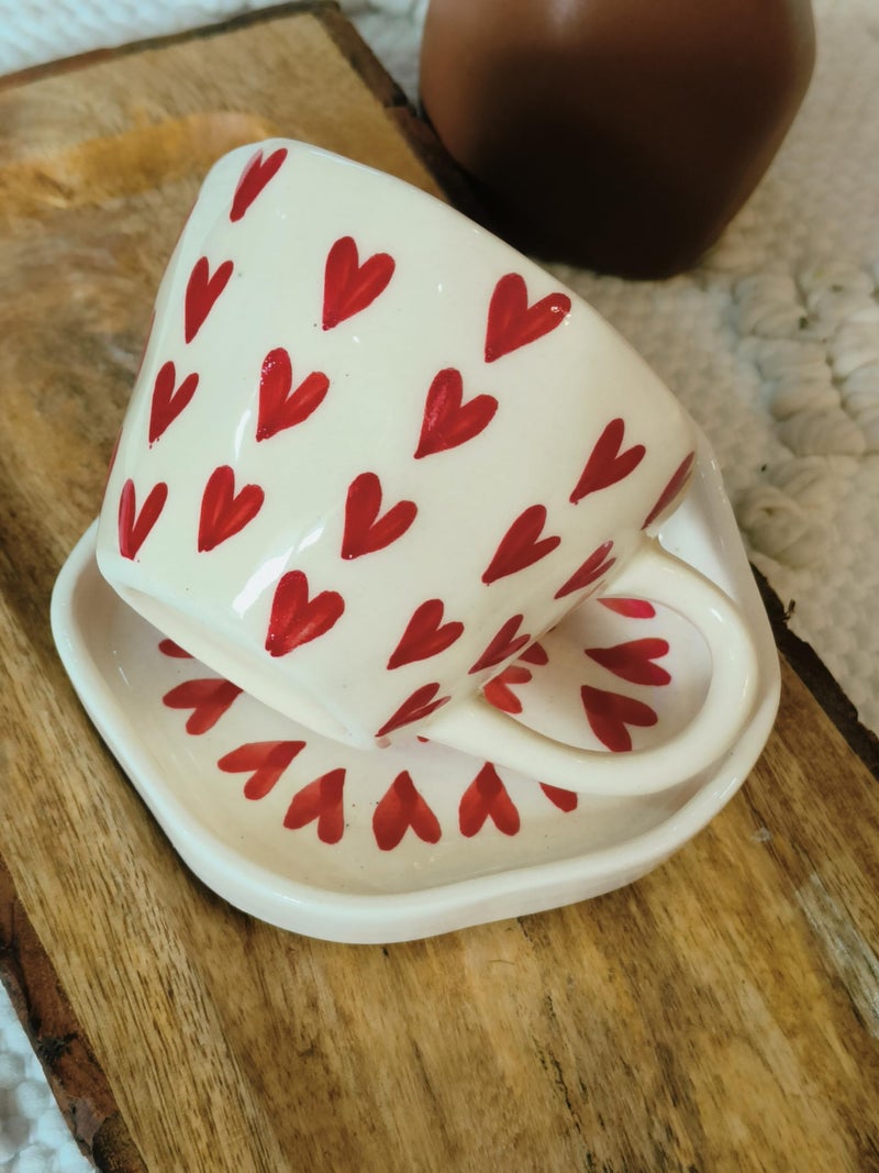 Niyara Stoneware Handmade Premium Ceramic Tea Cups and Coffee Mugs Set of 2 (Heart Cup with Saucer) - Image 5