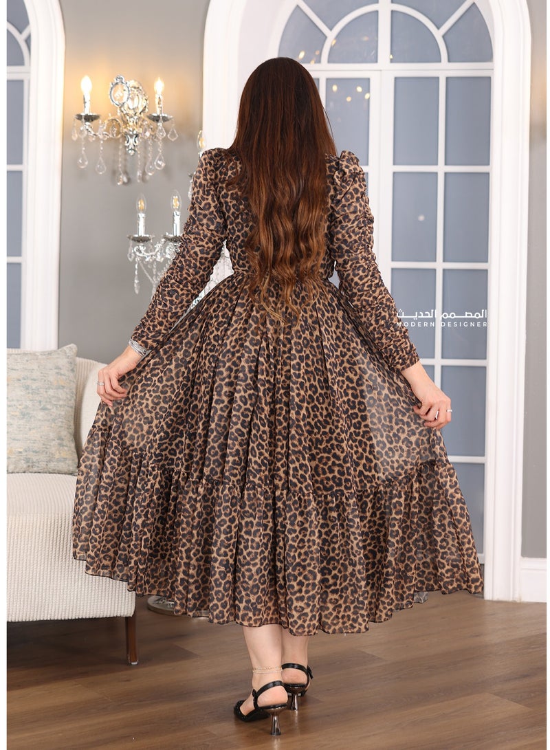 Modern Design A luxurious midi tiger dress with long sleeves and a layered bodice underneath the dress to highlight the beauty of the dress, reflecting elegance and attractiveness. It is a great choice for ladies w  - Image 3