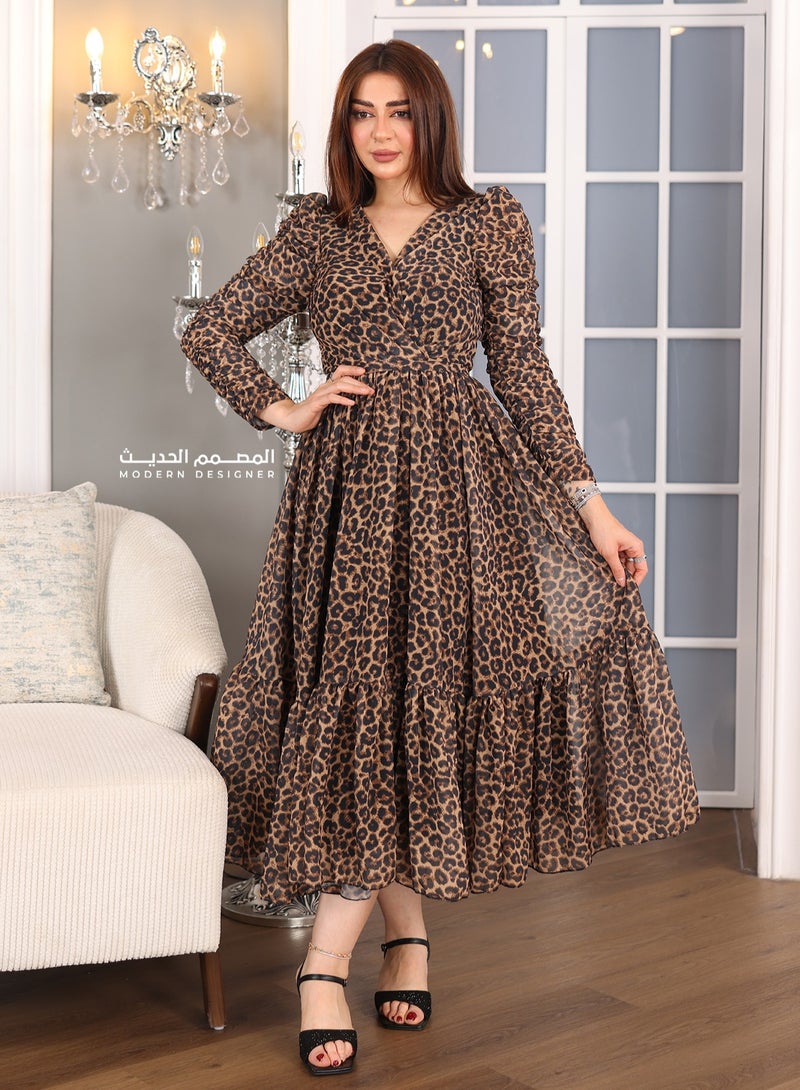 Modern Design A luxurious midi tiger dress with long sleeves and a layered bodice underneath the dress to highlight the beauty of the dress, reflecting elegance and attractiveness. It is a great choice for ladies w  - Image 1